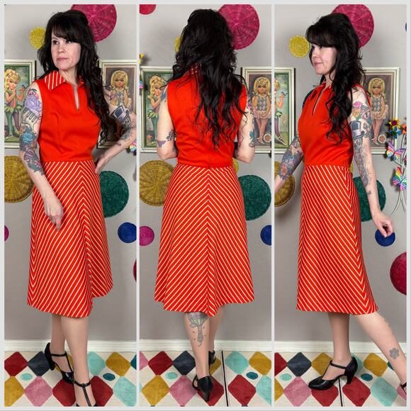Vintage 1970s Red Striped Sleeveless A-Line Dress - Picture 3 of 8